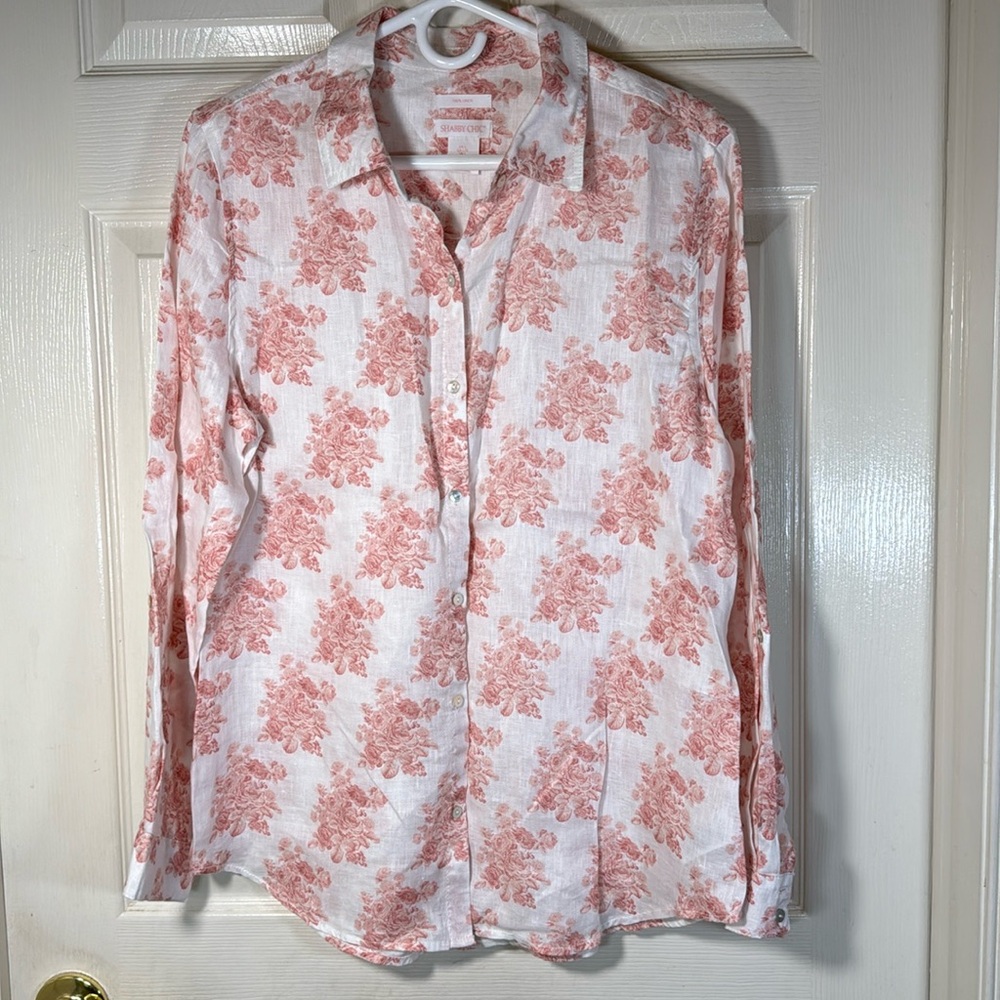 Shabby Chic Linen Floral Long Sleeves Button Down Top Size Large